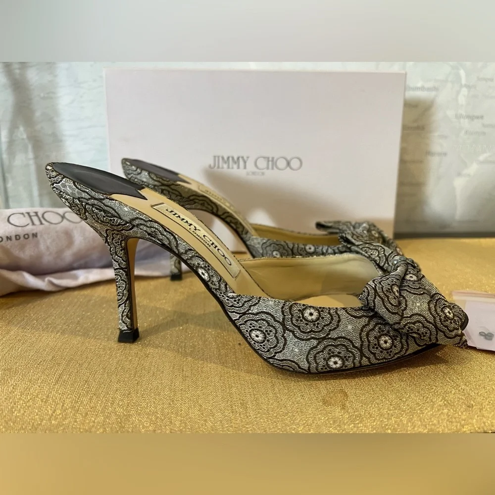 Jimmy Choo Kerala Brocade Gold Brown Silver Crystal Mules Shoes Stiletto 39 XE - Picture 5 of 7